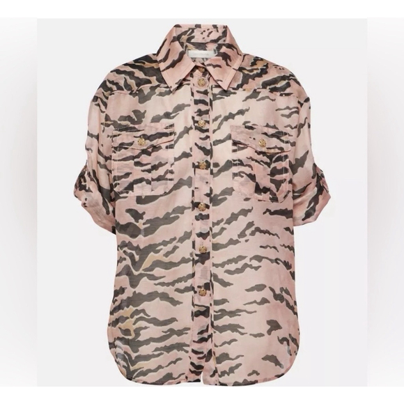 NWT Zimmermann Matchmaker Tiger Stripe Linen Silk Button-Up Shirt AU 0P US 2P